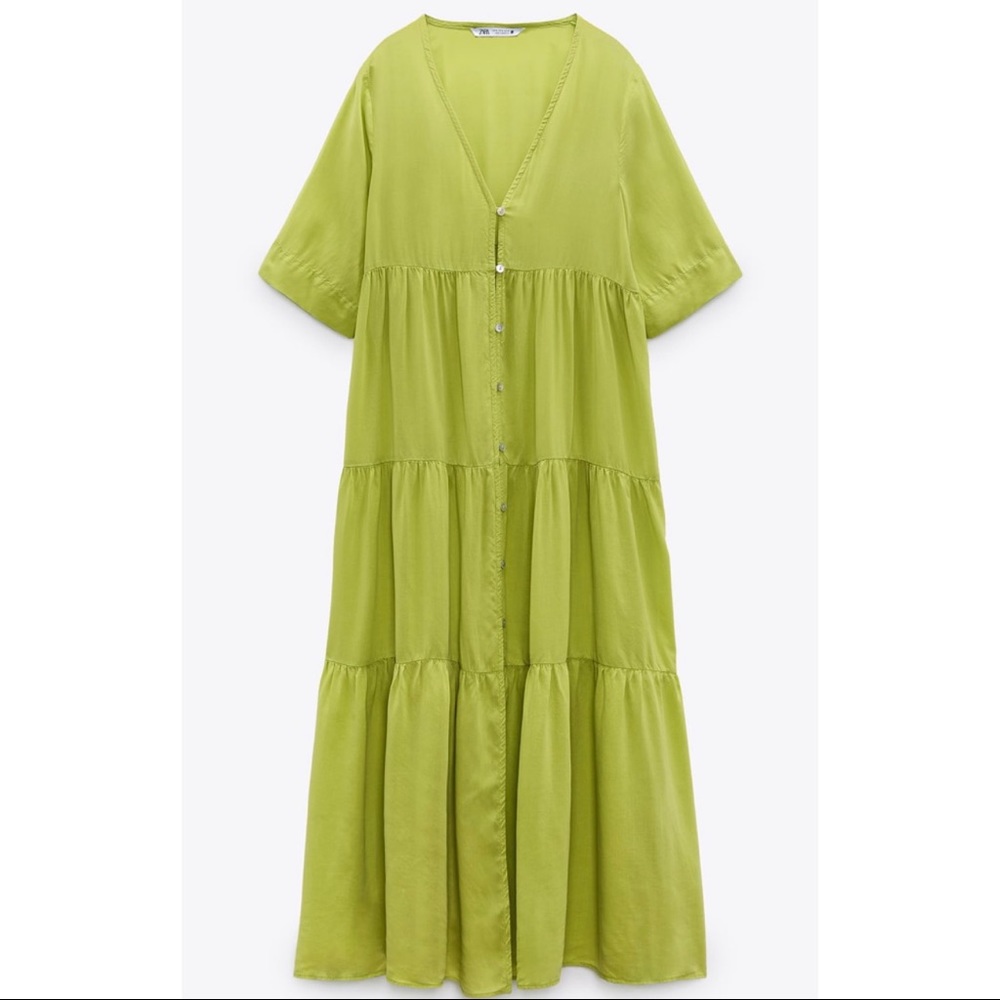 ZARA LIME GREEN TIERED COTTON MIDI DRESS SZ LARGE